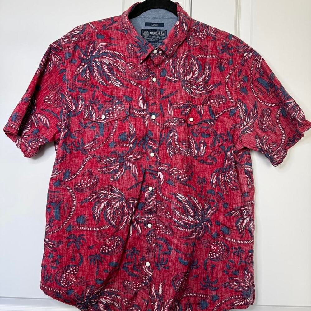 Red Hawaiian Shirt with Blue and white palm tree and leaf design Large